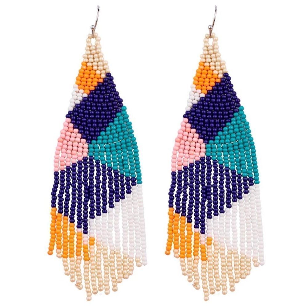 Geometric Boho Seed Bead Tassel Dangling Statement French Wire Hook Earrings